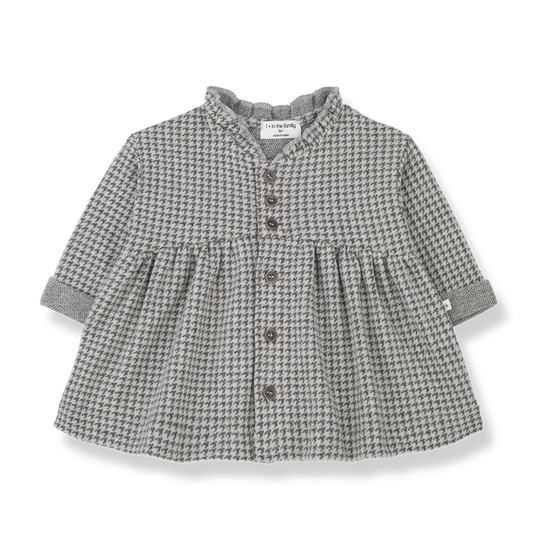 1 + IN THE FAMILY GEMMA DRESS, WITH LONG SLEEVES AND RUFFLE ON THE COLLAR. MADE FROM THE SOFTEST JERSY COTTON IN PORTUGAL