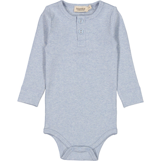 Light blue ribbed long-sleeve baby bodysuit with two-button placket at the neckline. Made from soft, stretchy fabric for comfort. Features snap closures at the bottom for easy diaper changes. Brand label "MarMar" visible inside the collar.