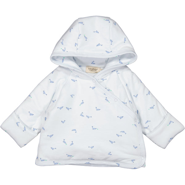 Modal Smooth Print Warm wrap jacket with a hood and snap button closure. The sleeves in size 0-9M can be fold over to keep the baby warm and cosy