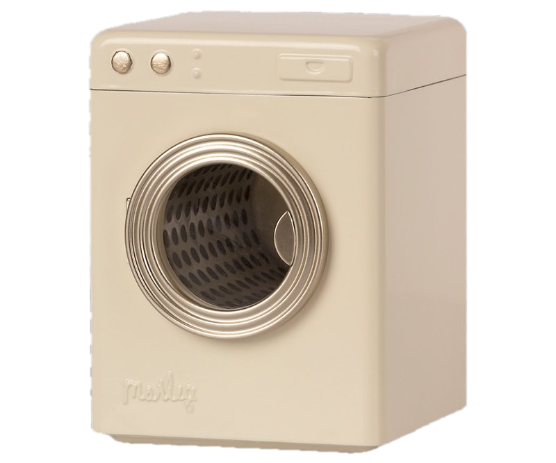 A miniature toy washing machine in a vintage-inspired cream color. It features a round metallic door with a clear window, small control buttons on the top panel, and the brand name 'Maileg' embossed on the front. The design mimics a real washing machine, making it a charming addition to a dollhouse or playset