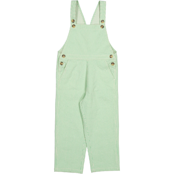 Ruben Cale Green Stripe Overalls with wide legs, two sidepockets and one backpocket. The suspenders can be closed in two lengths and is closed with snap button at the crotch for easy changing. There is snap button closure for easy changing up to size 92