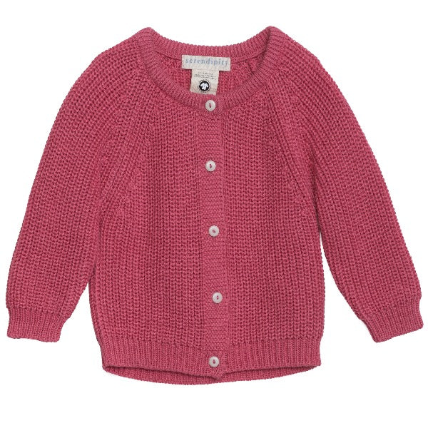 Pink knitted cardigan with shell buttons, long sleeves round neck