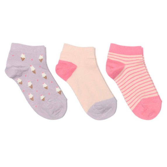 3 Pack of cotton spots socks, ice cream print stripe and block coloured.