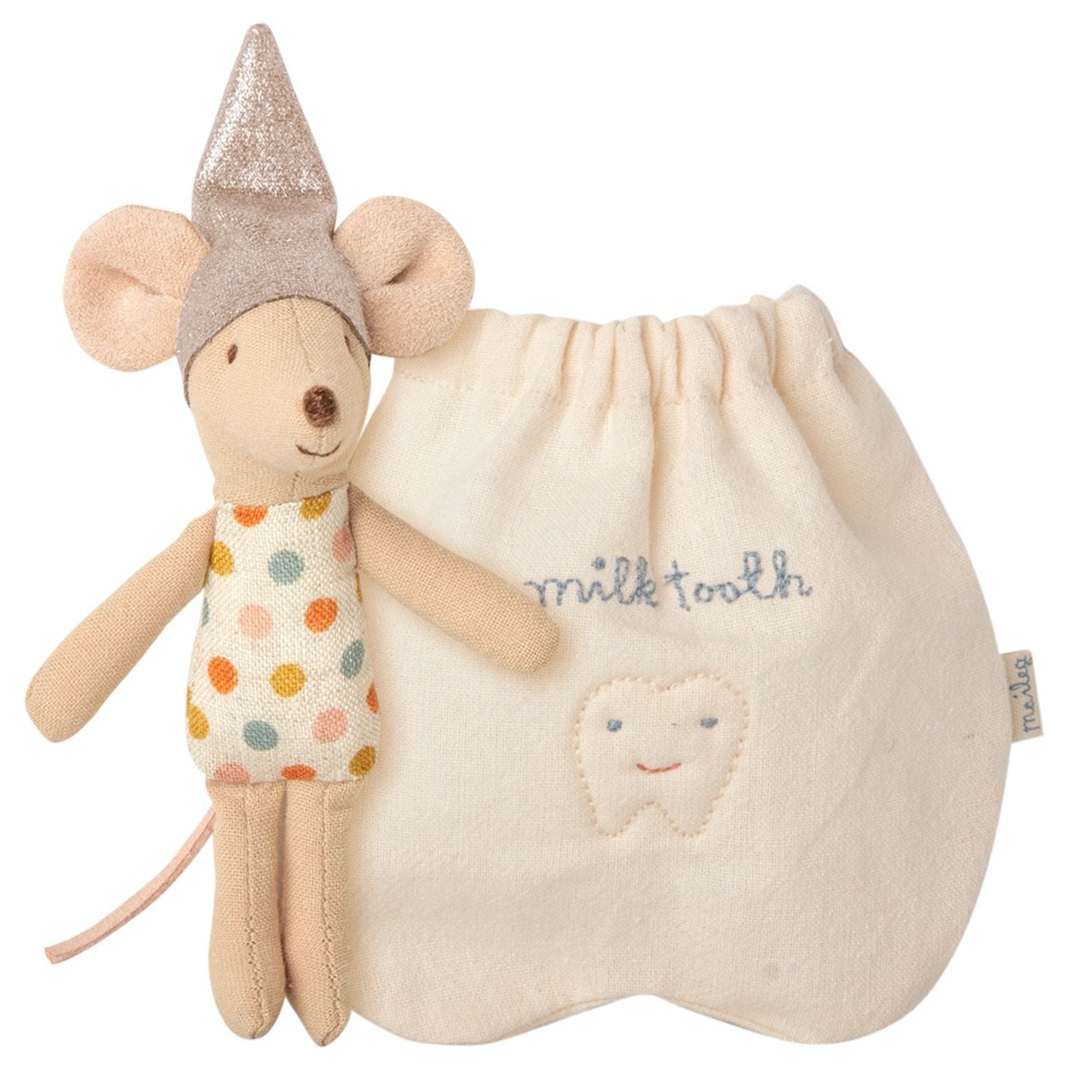 Tiny Maileg mouse made  from organic cotton,comes with a little  cotton  bag to keep their tooth  safe for the tooth fairy